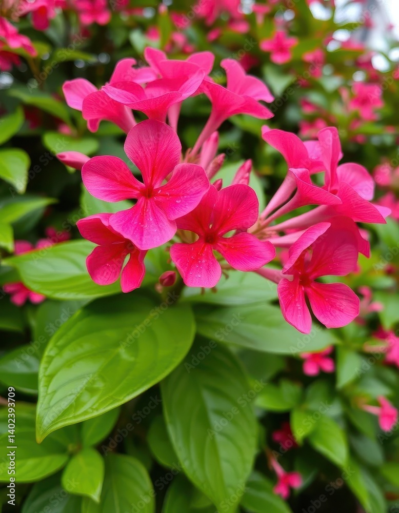 Close-up of vibrant pink Adenium obesum blossoms, lush green foliage backdrop, pink, flowering plant Close-up of vibrant pink Adenium obesum blossoms, lush green foliage backdrop, pink, flowering plant