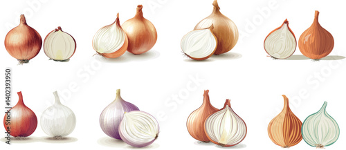Variety of Onions Including Sliced and Whole in Vector Art Design