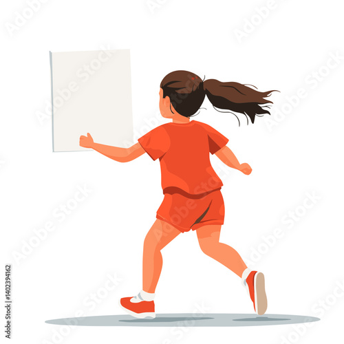 Girl in Red Shorts Running with White Paper