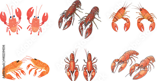 Colorful Vector Illustrations of Various Shrimp and Crab Species for Creative Projects