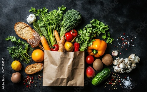 Fototapeta Naklejka Na Ścianę i Meble -  Paper bag filled with fresh vegetables fruits bread on dark surface.