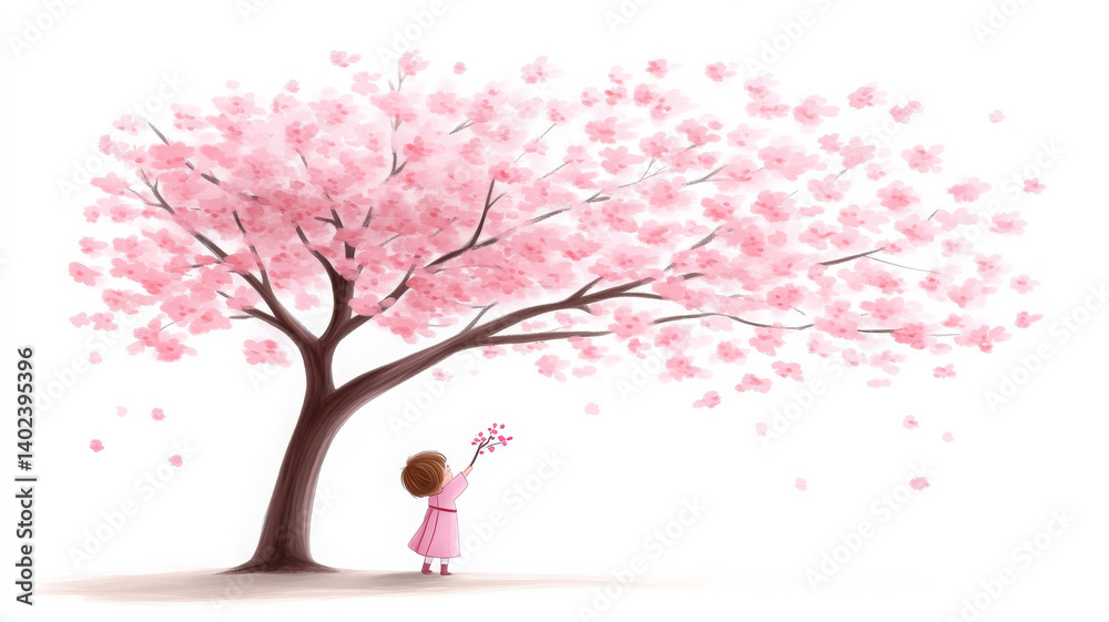 Fototapeta premium girl in pink dress reaches for cherry blossom petals falling from tree, evoking joy
