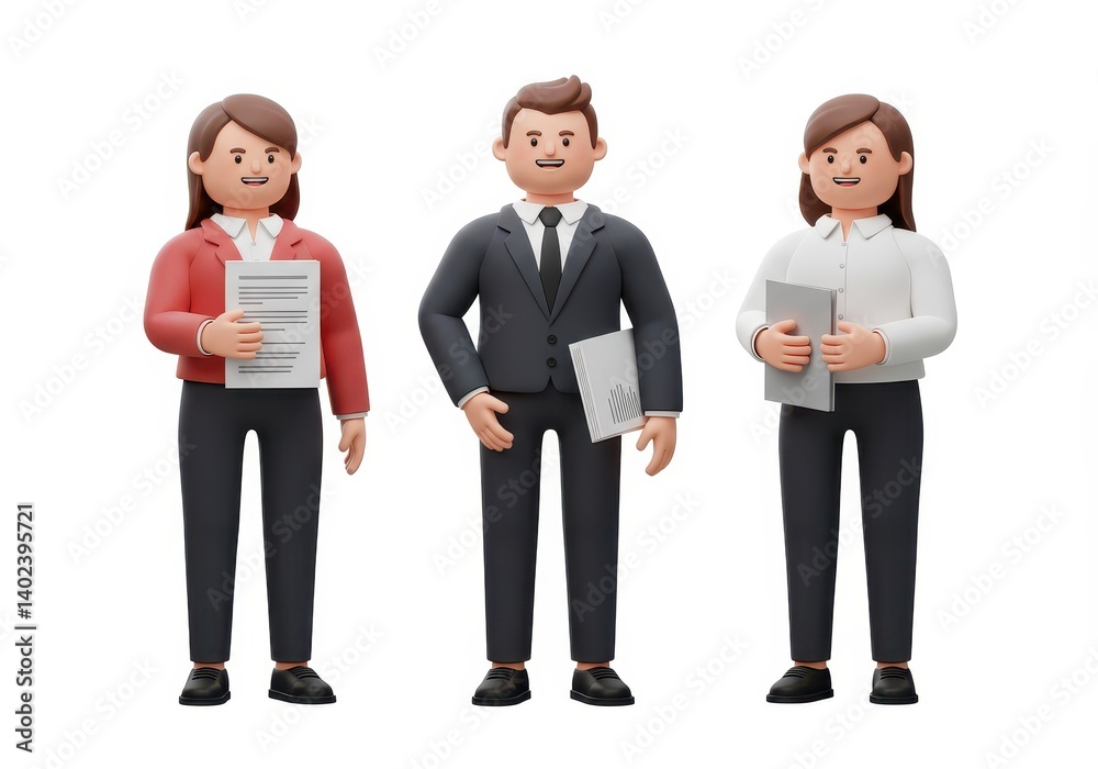 3D illustration of confident business team with man in suit and women holding documents on white background 3D illustration of confident business team with man in suit and women holding documents on white background