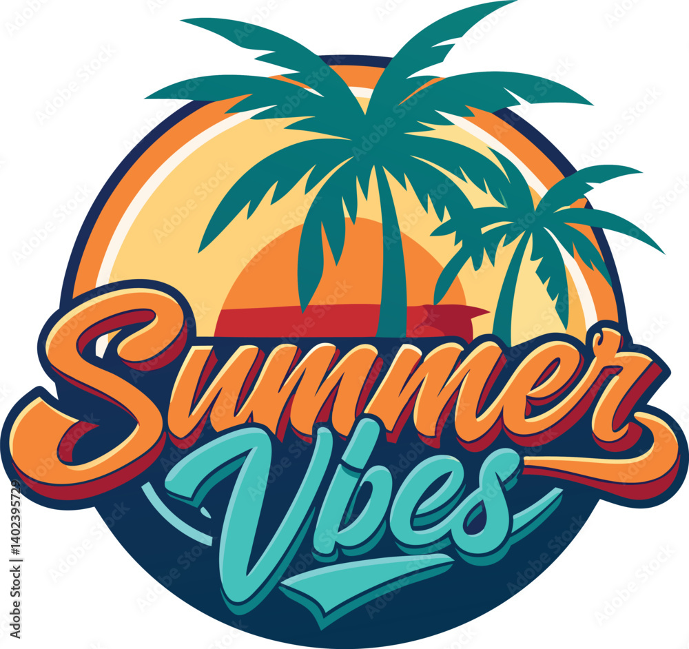 Fototapeta premium Summer vibes typography design with sun, sea wave and bird icon vector illustration. Summer holiday celebration banner, poster, template, t shirt, sticker, label, tag.