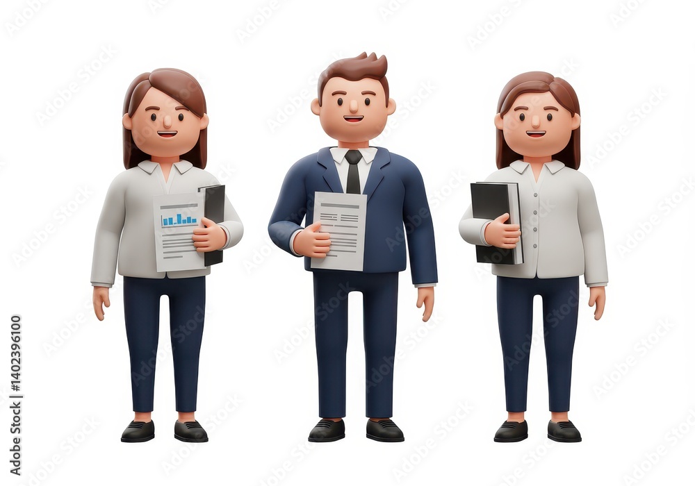 3D illustration of confident business team with man in suit and women holding documents on white background 3D illustration of confident business team with man in suit and women holding documents on white background
