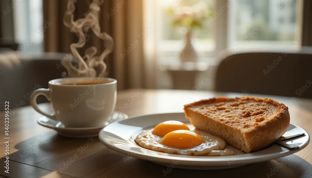 Inviting Hotel Breakfast Coffee, Eggs, and Toast Inviting Hotel Breakfast Coffee, Eggs, and Toast