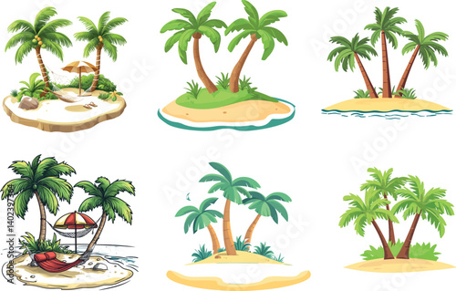 Collection of Tropical Island Illustrations Featuring Palm Trees and Sandy Beaches