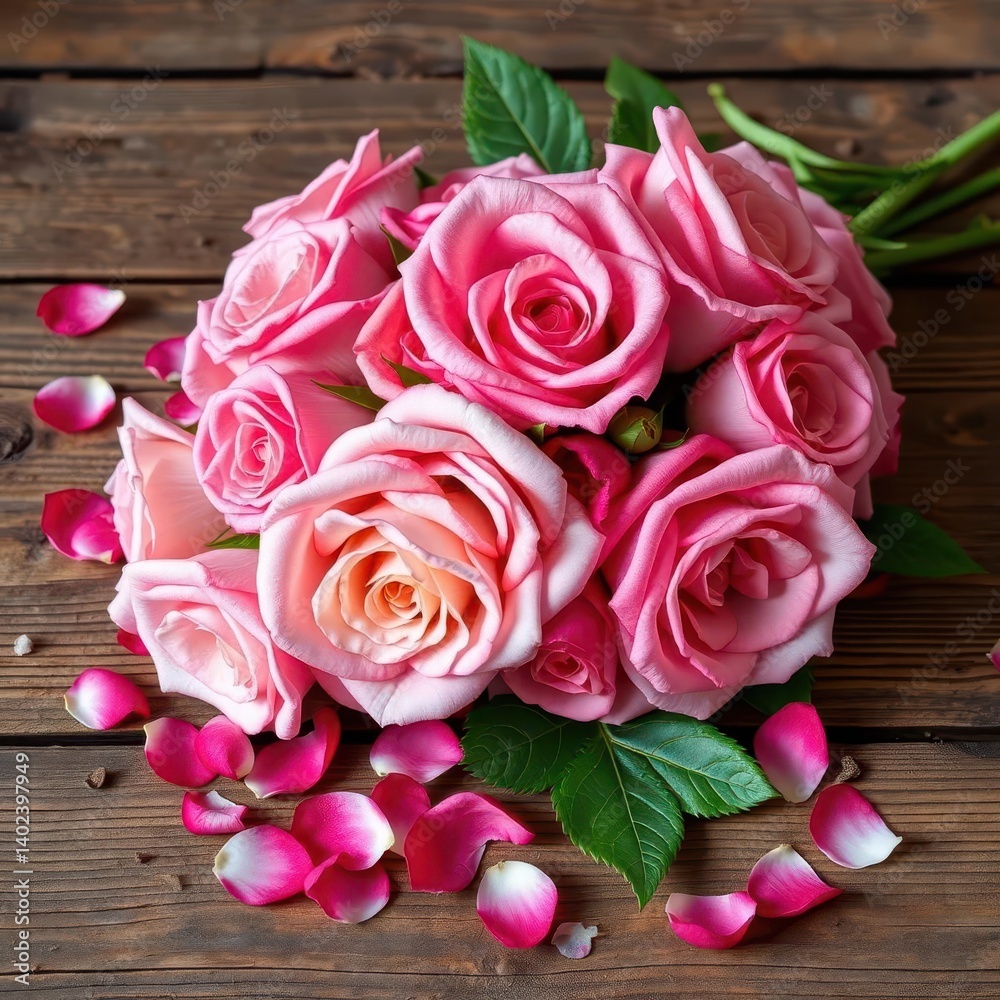 A charming bouquet of bloom roses with scattered petals on rustic wood, petals, delicate, background