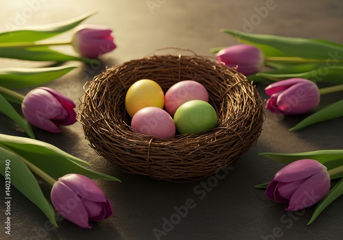 Spring's Embrace: Easter Eggs in a Twig Nest with Tulips photo