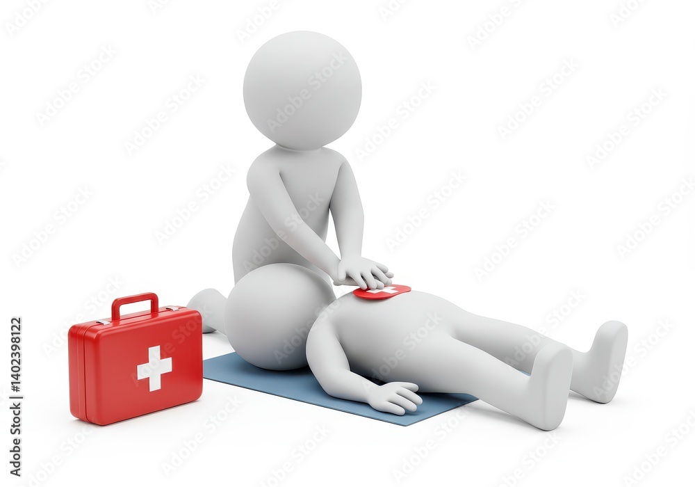 A 3D illustration of a humanoid figure performing CPR on another figure with a red first-aid kit beside them on a white background A 3D illustration of a humanoid figure performing CPR on another figure with a red first-aid kit beside them on a white background