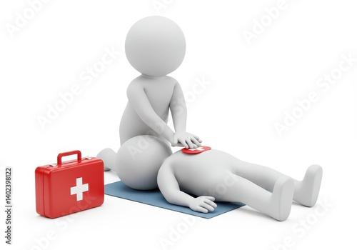 A 3D illustration of a humanoid figure performing CPR on another figure with a red first-aid kit beside them on a white background