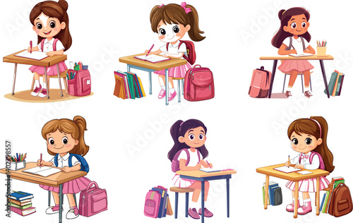Vector Art of School Girls Studying With Books and Backpacks in a Classroom Setting