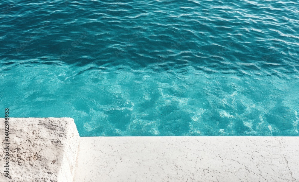 Obraz premium Minimalist white pool edge overlooking turquoise water, simple shapes, white background, textured, top view.