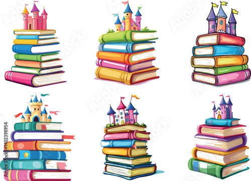 Colorful Stacked Books With Fairy Tale Castles on Top in Whimsical Vector Art Design