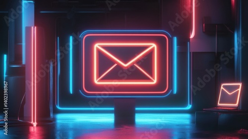 A futuristic office inbox concept with a glowing contact us email button illustration