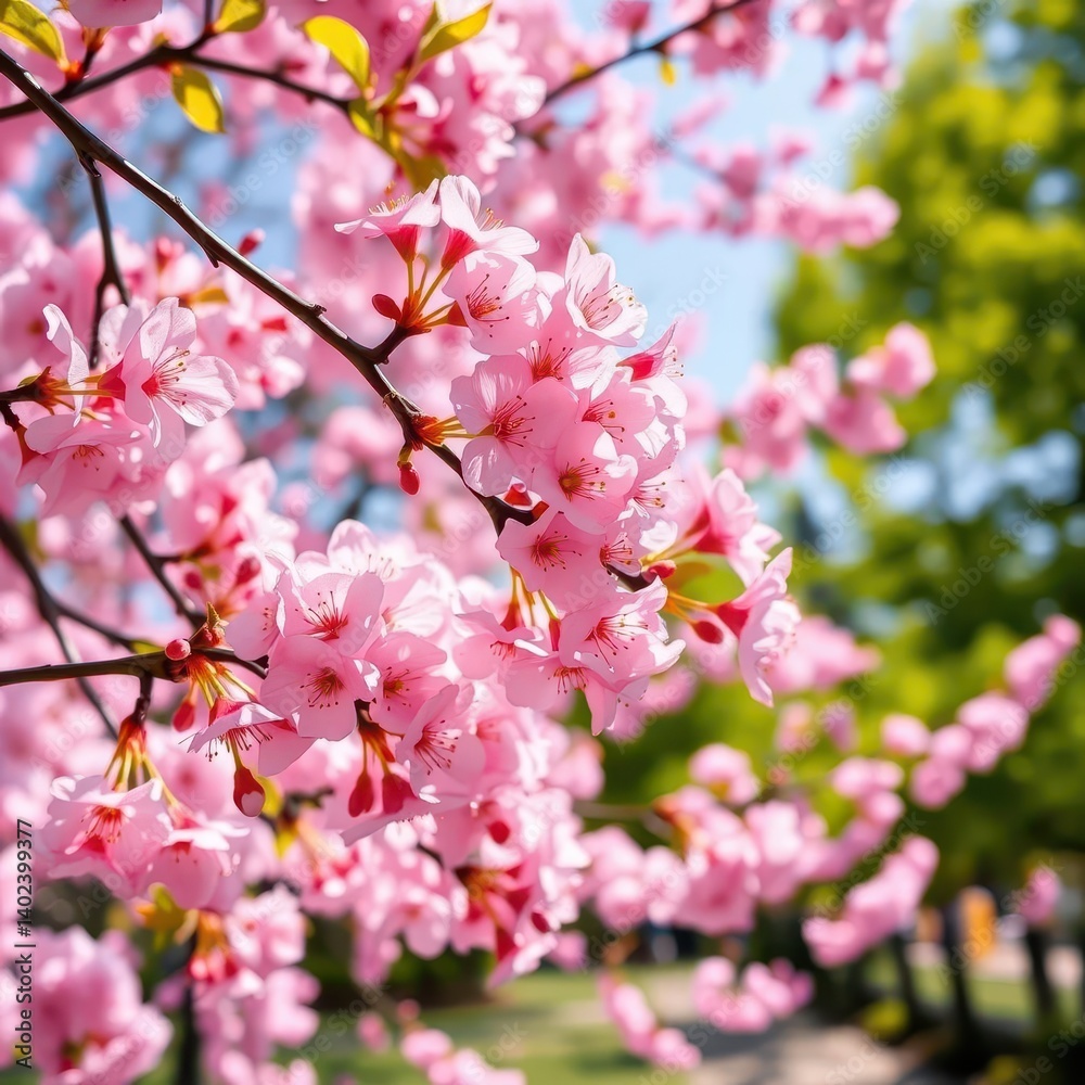 Delicate pink cherry blossoms gently sway in a sunlit garden, flora, calm, background Delicate pink cherry blossoms gently sway in a sunlit garden, flora, calm, background