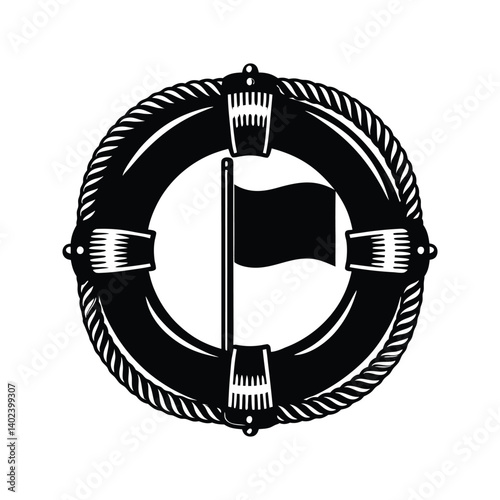 Lifebuoy with flag nautical safety icon silhouette vector with white background