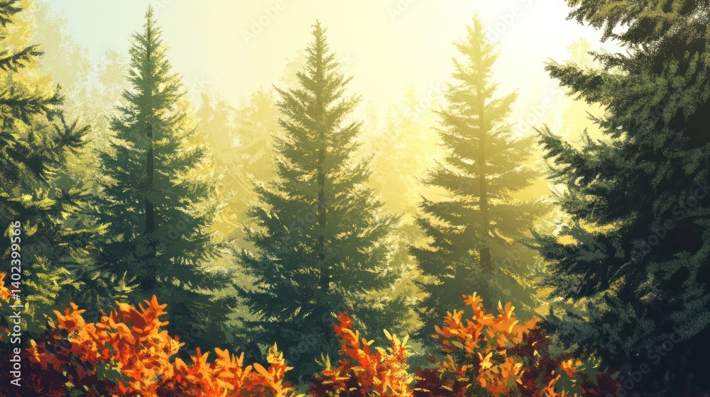 A misty forest scene bathed in golden sunlight. A misty forest scene bathed in golden sunlight.