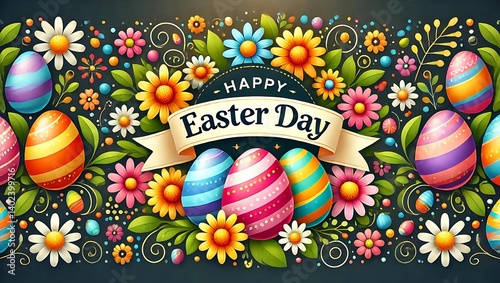 Colorful Easter Day Celebration: Festive Illustrated Eggs and Blooming Flowers with 'Happy Easter Day' Banner on a Dark Background