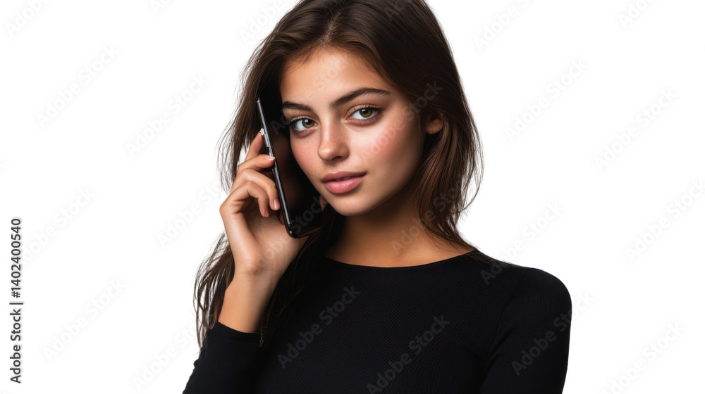 Confident Call: A young woman with a confident gaze, holding a smartphone to her ear, conveys a sense of professionalism and connection in this close-up portrait shot. Confident Call: A young woman with a confident gaze, holding a smartphone to her ear, conveys a sense of professionalism and connection in this close-up portrait shot.