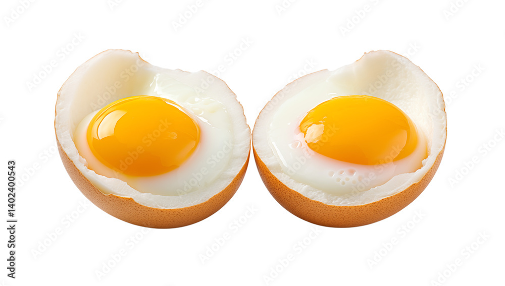 Two soft boiled eggs cut in half with bright yellow yolks on a plain close up view on transparent background png Two soft boiled eggs cut in half with bright yellow yolks on a plain close up view on transparent background png