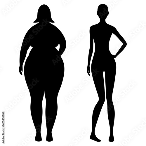 Silhouette vector of slim and fat women standing side by side in profile – ideal for diversity in body types, fitness marketing visuals, or educational materials about body image and self-acceptance

