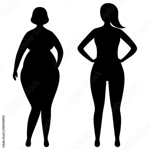 Vector silhouette illustration of a slim and fat woman side-by-side – perfect for body positivity campaigns, health awareness designs, weight comparison visuals, and social commentary artwork

