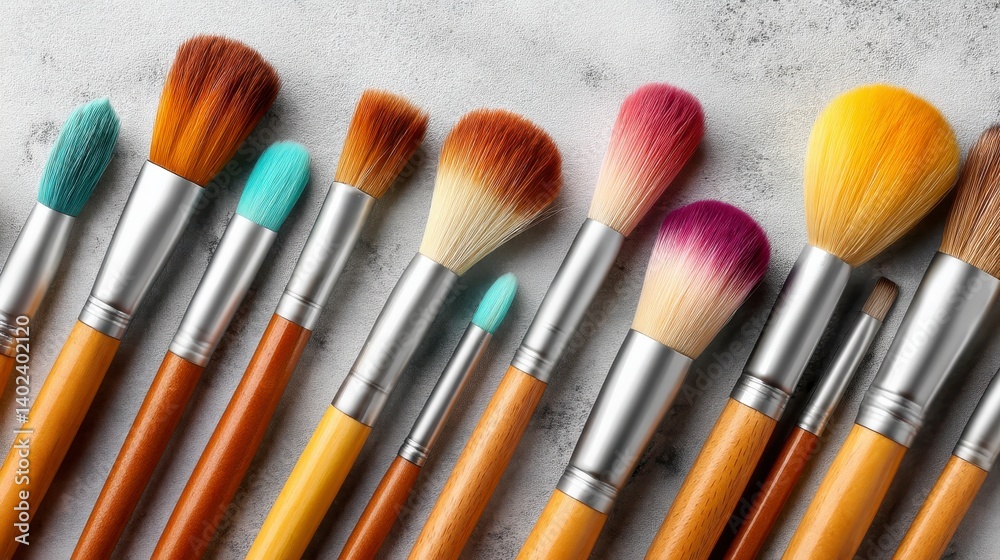 Fototapeta premium Vibrant Array of Makeup Brushes with Glittery Background in Studio Setting