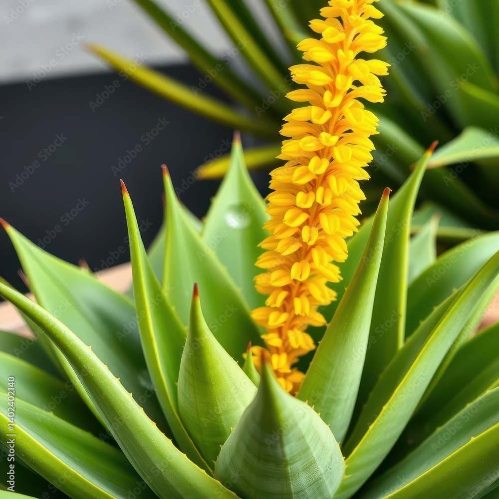Obraz premium Succulent aloe vera plant with thick green leaves and vibrant yellow flower stalks, medicine, photography