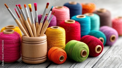 Vibrant Assortment of Colorful Threads and Paintbrushes on Wooden Table in Creative Space