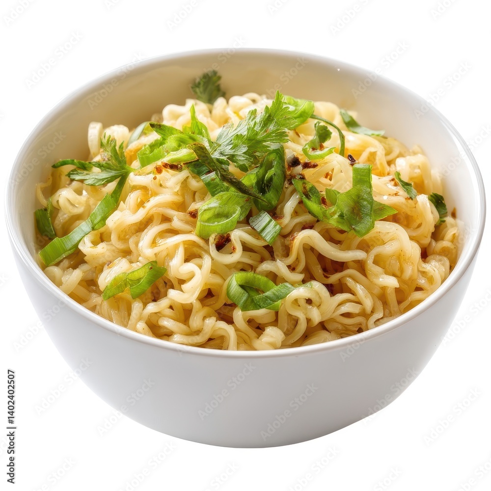 Bowl of noodles with herbs and spices on white background Bowl of noodles with herbs and spices on white background