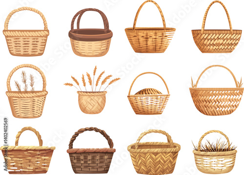 Variety of Woven Baskets With Different Styles and Textures in Vector Illustrations