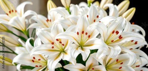 A breathtaking bouquet of pristine white lilies, their fragrance intoxicating, delicate, arrangement