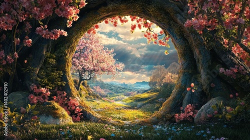 Beautiful enchanted landscape. Fantasy garden background. Magic meadow with spring blooming trees. Round frame with copy space in the middle. Fairy tale banner. AI generative image. illustration