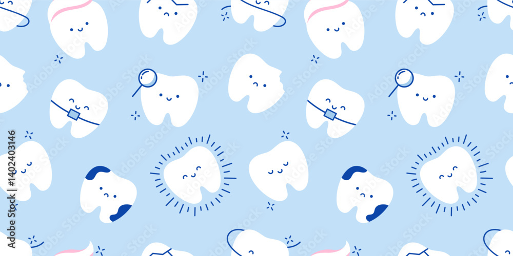 Set of teeth emoji on blue background. Seamless pattern with baby teeth. Pretty teeth. Cleaning and care of teeth. Healthy and carious tooth. Dental banner, wallpaper, wrapping paper, cover, textile