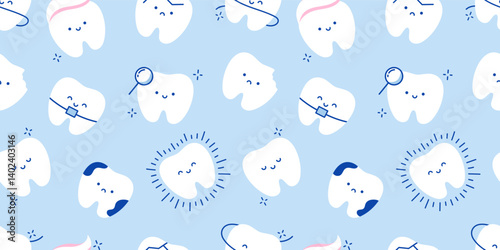 Set of teeth emoji on blue background. Seamless pattern with baby teeth. Pretty teeth. Cleaning and care of teeth. Healthy and carious tooth. Dental banner, wallpaper, wrapping paper, cover, textile