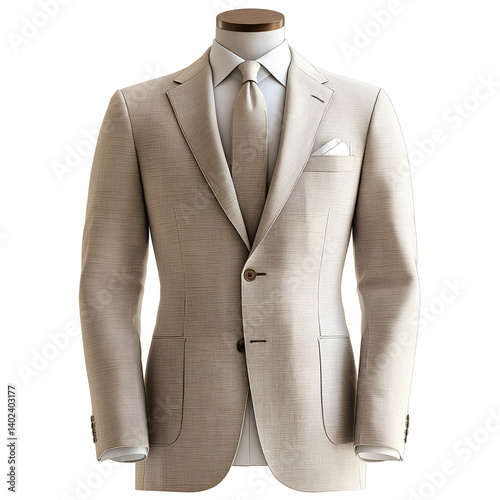 Beige Formal Suit with Tie and Pocket Square, isolated on transparent background