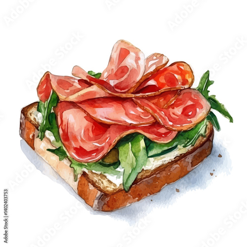 watercolor of Open-faced Sandwich With Cured Meats, vector, isolated on a white background.