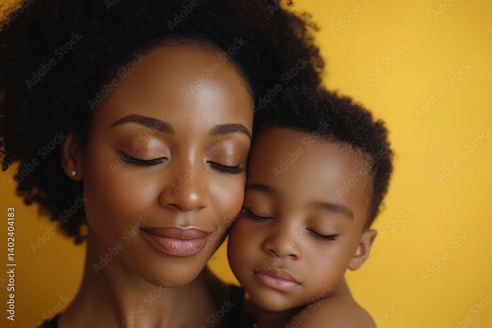 African American boy holding his mother closed eyes. Yellow background. Mothers Day. Brazilian family, Generative AI African American boy holding his mother closed eyes. Yellow background. Mothers Day. Brazilian family, Generative AI