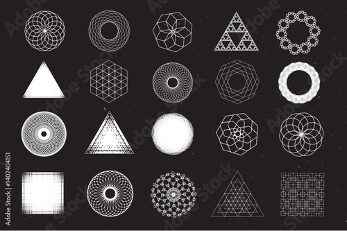 collection of 20 intricate geometric shapes set against a black background. Each shape is composed of fine white lines forming patterns such as mandalas, fractals, spirals, and tessellations.