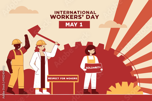 Powerful International Workers' Day Illustration Featuring Diverse Occupations and Bold Solidarity Theme – May 1