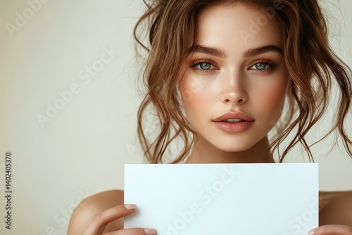 Beauty and skincare concept. Beautiful European woman with nude makeup, half face with blank white placard board, mockup, copy space for design, Generative AI