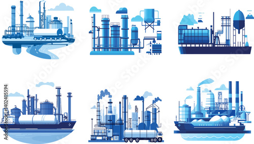 Vector Illustrations of Industrial Factories and Shipping Vessels in Blue Tones