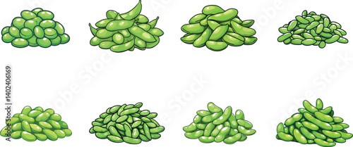 Collection of Vector Art Illustrations Featuring Various Piles of Green Edamame Beans
