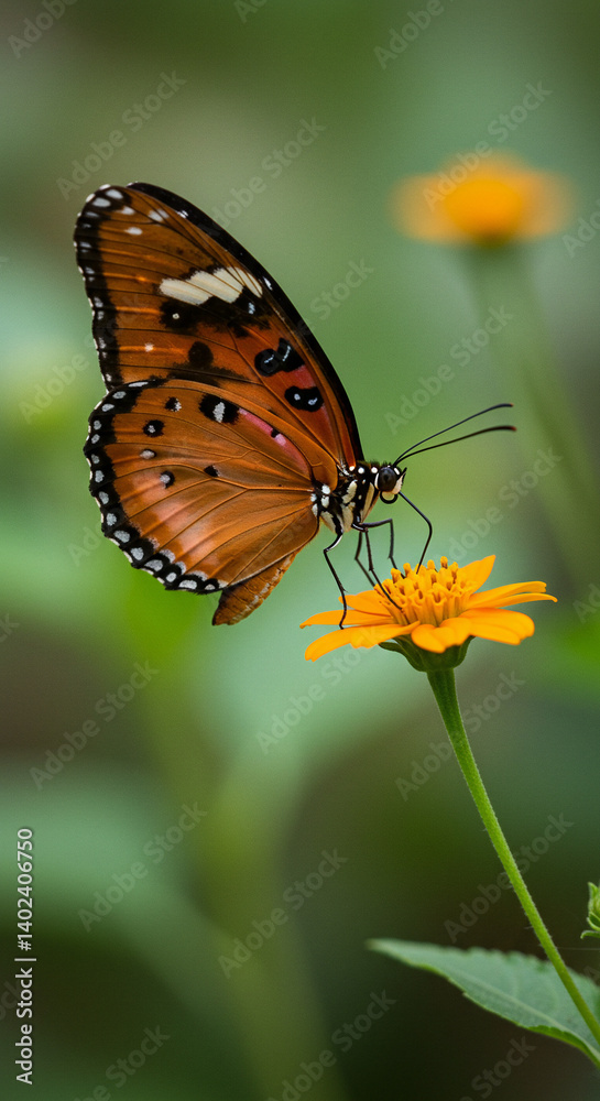Close view of an orange butterfly resting on a yellow daisy-like flower. Sharp focus macro photography mobile wallpaper, natural vertical background screen saver design. Close view of an orange butterfly resting on a yellow daisy-like flower. Sharp focus macro photography mobile wallpaper, natural vertical background screen saver design.