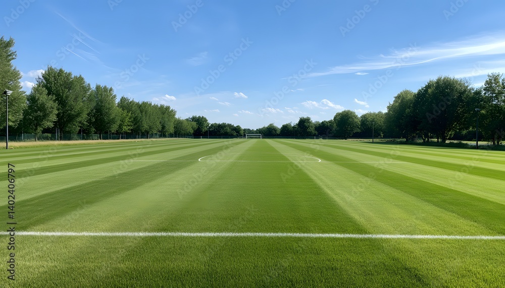 Beautifully Striped Green Soccer Field Under a Blue Sky on a Sunny Day Beautifully Striped Green Soccer Field Under a Blue Sky on a Sunny Day