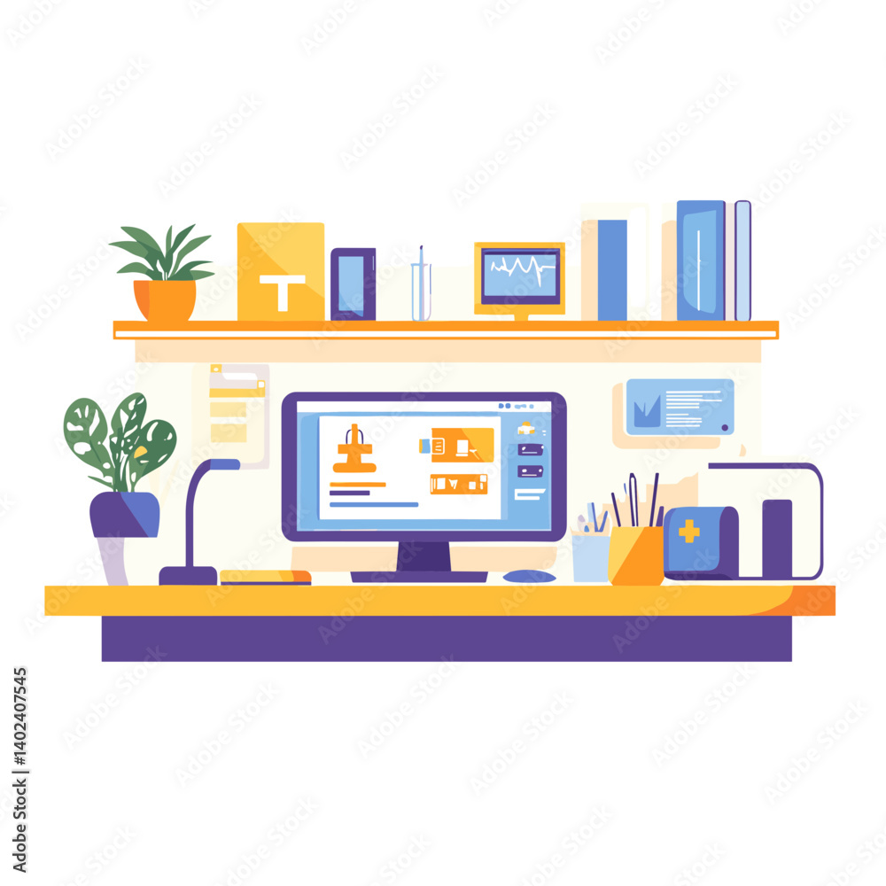 Organized Modern Workspace with Computer and Plants Organized Modern Workspace with Computer and Plants