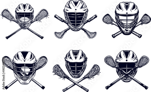 Lacrosse Helmet and Stick Illustrations With Crossed Equipment in Vector Art Design