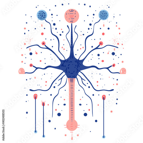 Stylized Neuron Illustration with Pink and Blue Geometric Patterns