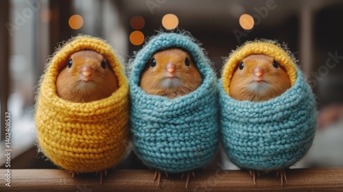 Three adorable baby birds snuggled in knitted sweaters. photo